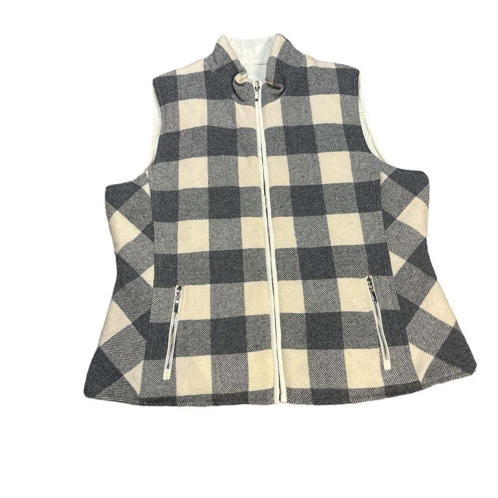 Pendleton Reversible Wool Blend Vest Buffalo Plaid Quilted Grey Cream XL Petite